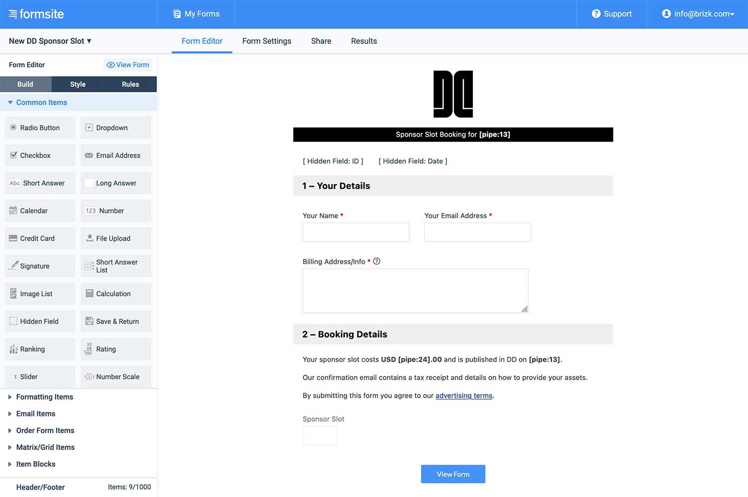 Screenshot of Formsite form builder