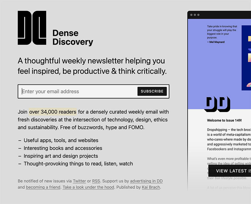 The Dense Discovery sign-up page